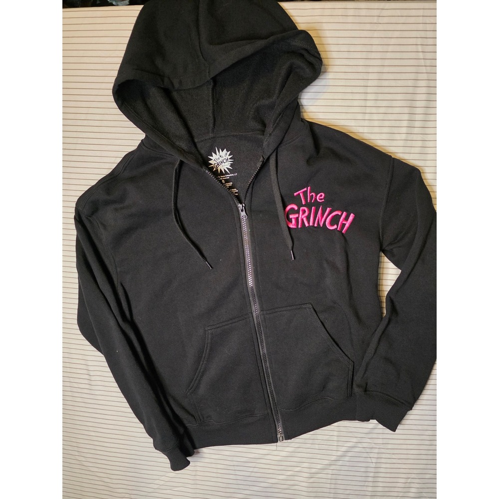 1242 Dr. Seuss The Grinch Stole Christmas Black Zip Up Hoodie Small Pink Embroid